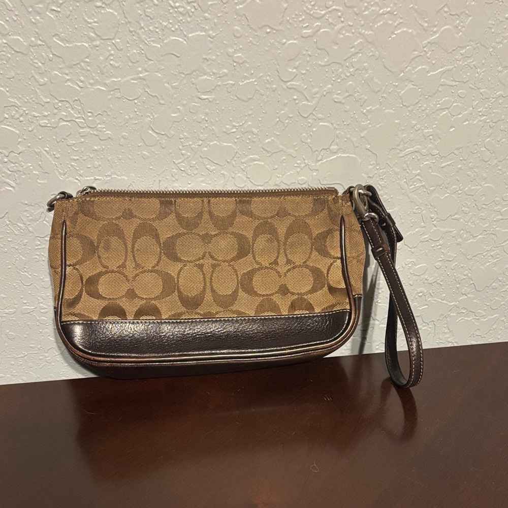 Coach Tan and Brown Wristlet Clutch